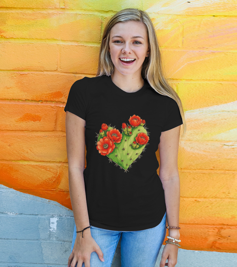 Heart Shaped Cactus With Vibrant Red Flowers T-Shirt