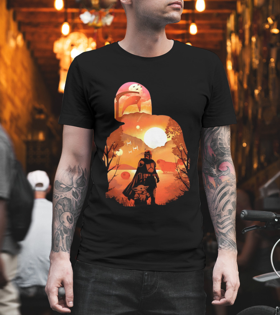 Hunting Companions Bounty Hunter Sunset Mandalorian Grogu Art By Dandingeroz T-Shirt