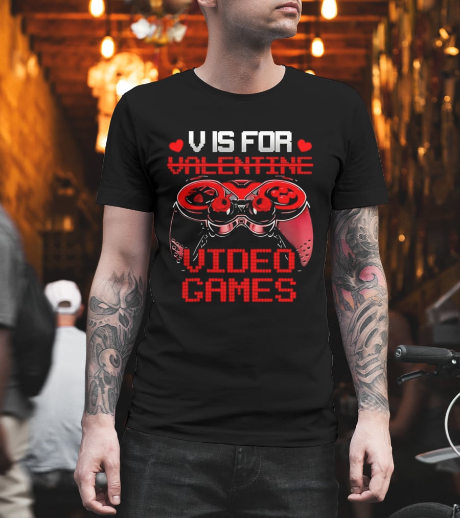 V Is For Valentine Video Games Controller Hearts T-Shirt