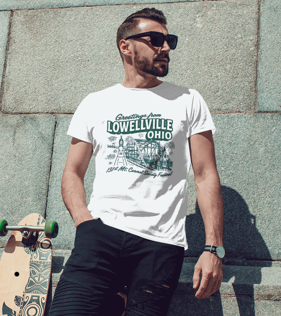 Greetings From Lowellville Ohio 131st Mt Carmel Society Festival Bridge And Bell T-Shirt