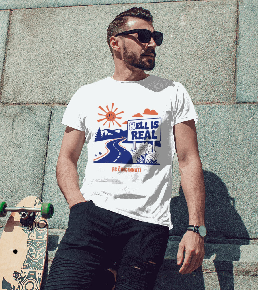 Smiling Sun Hell Is Real FC Cincinnati Road And Flowers T-Shirt