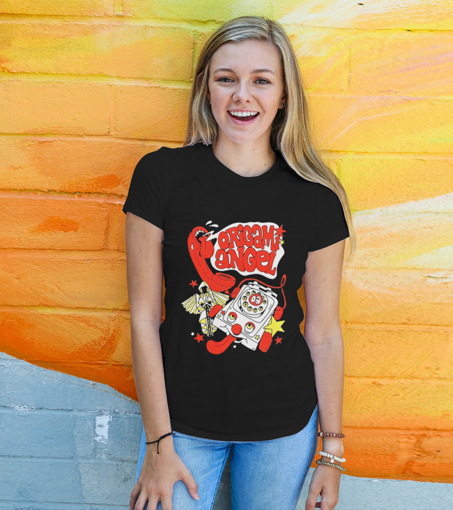 Origami Angel Retro Phone Illustration With Stars And Wings T-Shirt