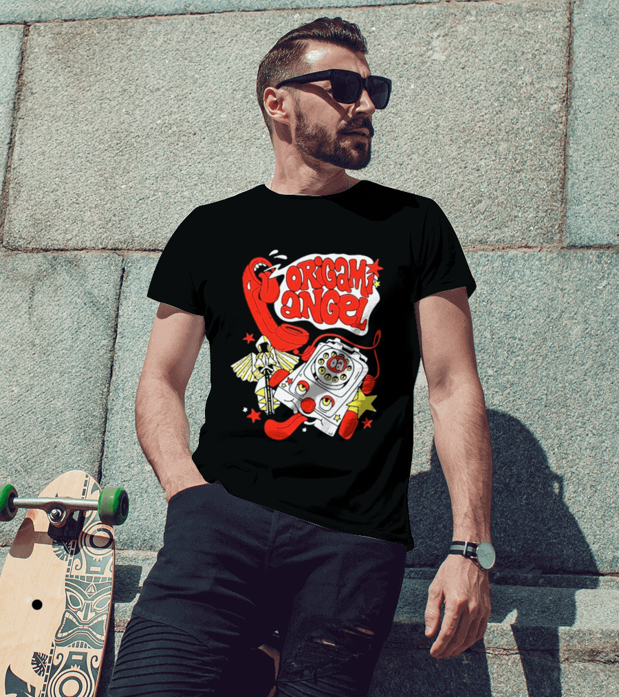 Origami Angel Retro Phone Illustration With Stars And Wings T-Shirt