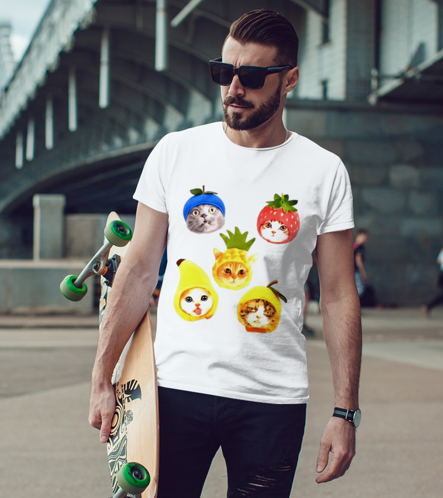Whimsical Cats In Fruit Hats Blueberry Strawberry Pineapple Banana Apple T-Shirt