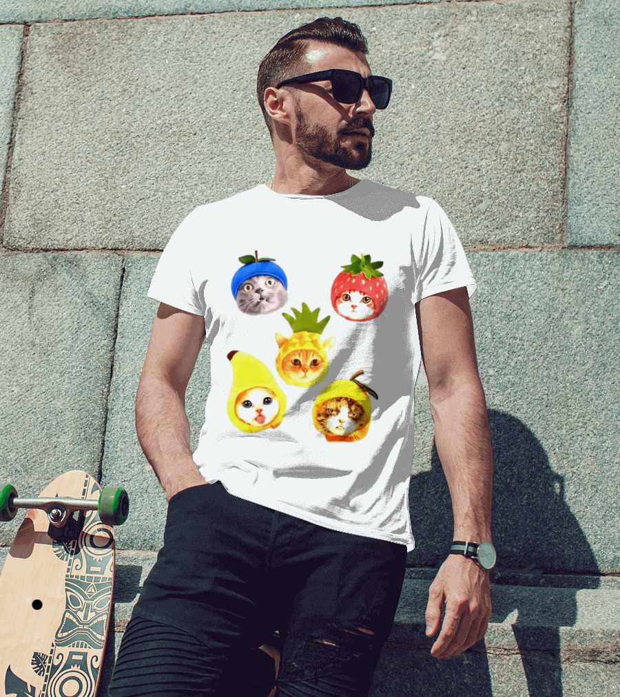 Whimsical Cats In Fruit Hats Blueberry Strawberry Pineapple Banana Apple T-Shirt