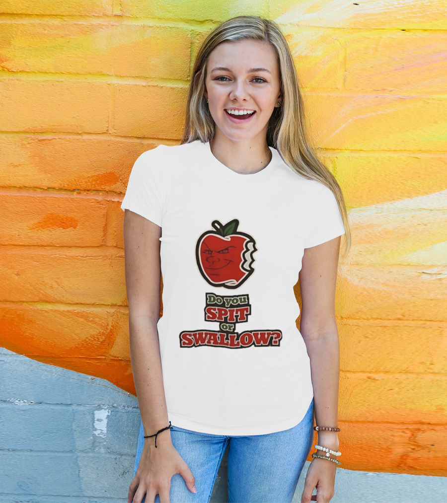 Do You Spit Or Swallow Question With Grinning Apple Bite T-Shirt