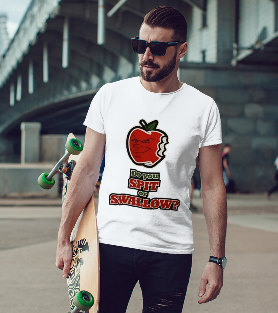 Do You Spit Or Swallow Question With Grinning Apple Bite T-Shirt