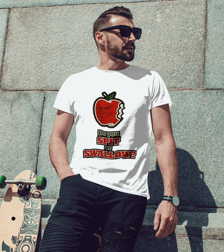Do You Spit Or Swallow Question With Grinning Apple Bite T-Shirt