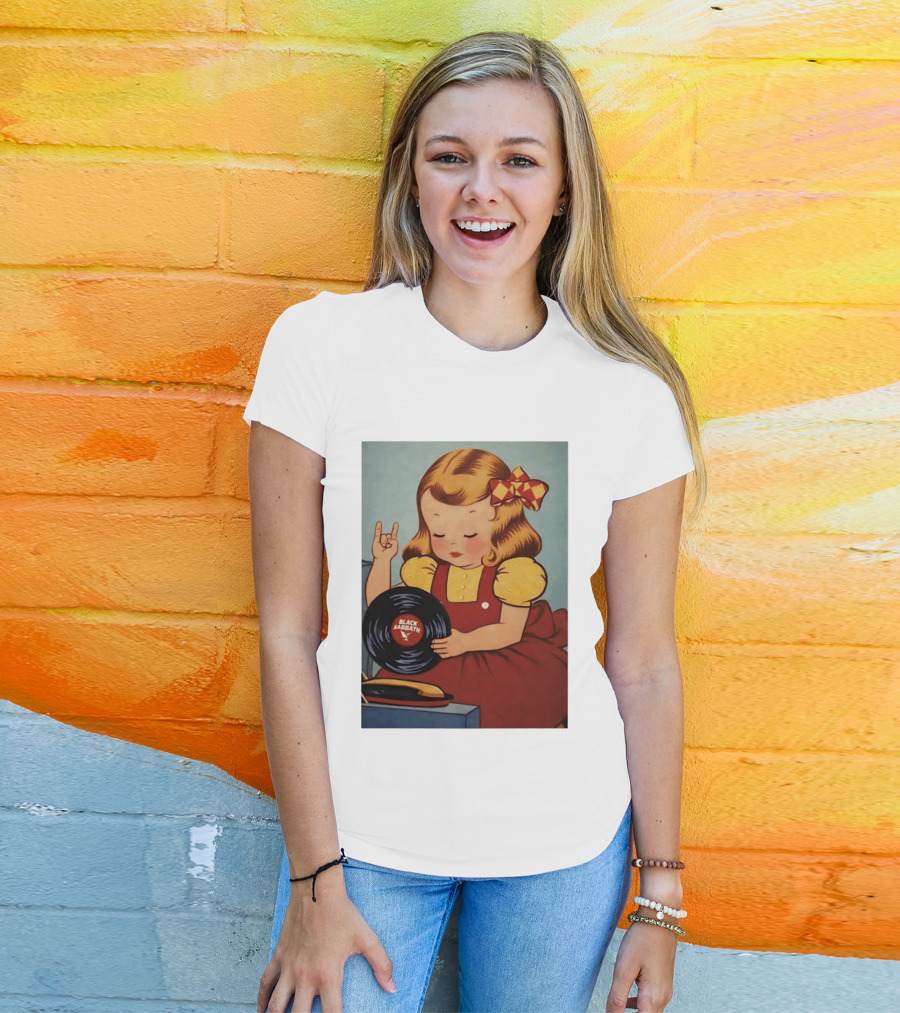 Girl Holding Black Sabbath Vinyl Heavy Metal T-Shirt