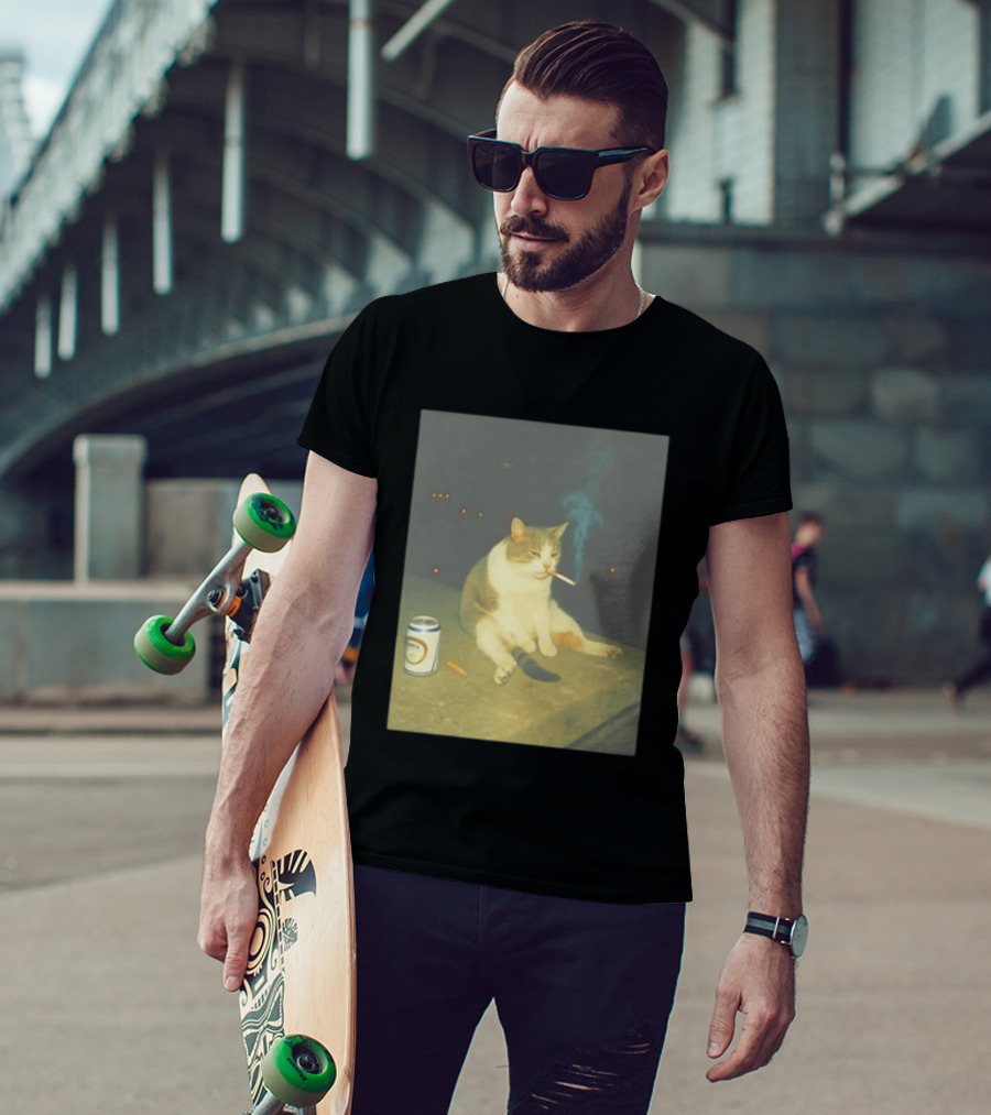 Depressed Cat Smoking Cigarette Meme With Beer Can T-Shirt