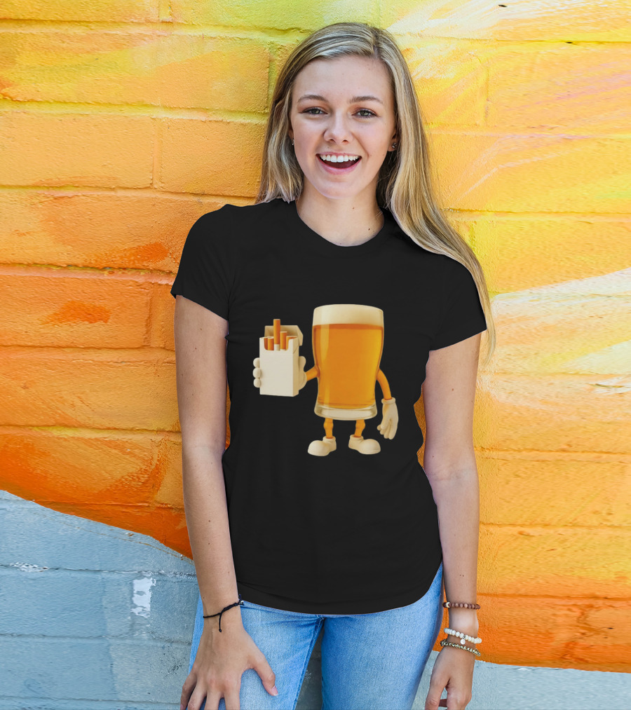Beer Glass Holding Cigarettes Funny Drunk Cigs T-Shirt