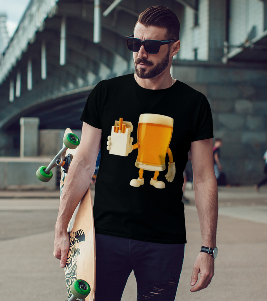 Beer Glass Holding Cigarettes Funny Drunk Cigs T-Shirt