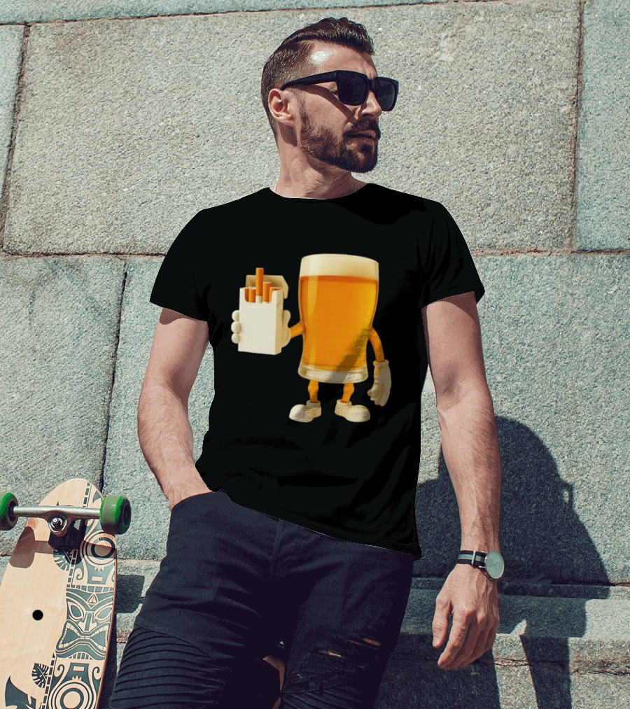 Beer Glass Holding Cigarettes Funny Drunk Cigs T-Shirt