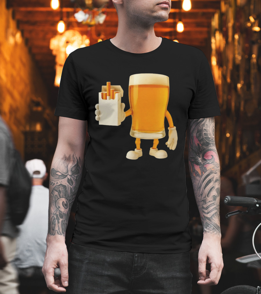 Beer Glass Holding Cigarettes Funny Drunk Cigs T-Shirt