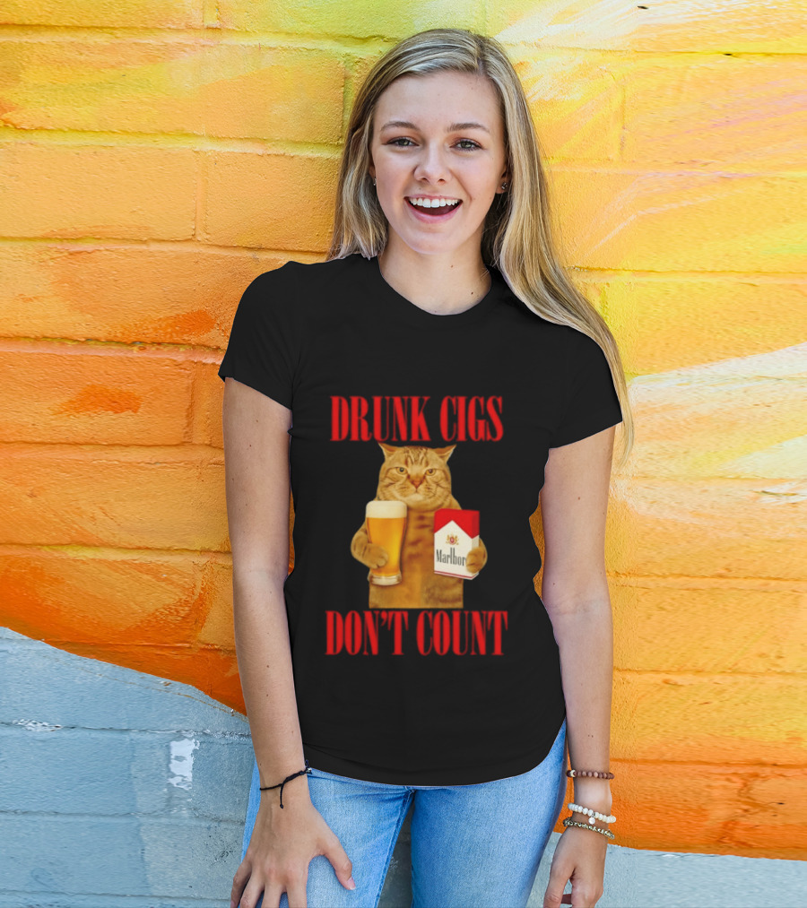 Drunk Cigs Don't Count Cat With Beer And Cigarette Pack T-Shirt