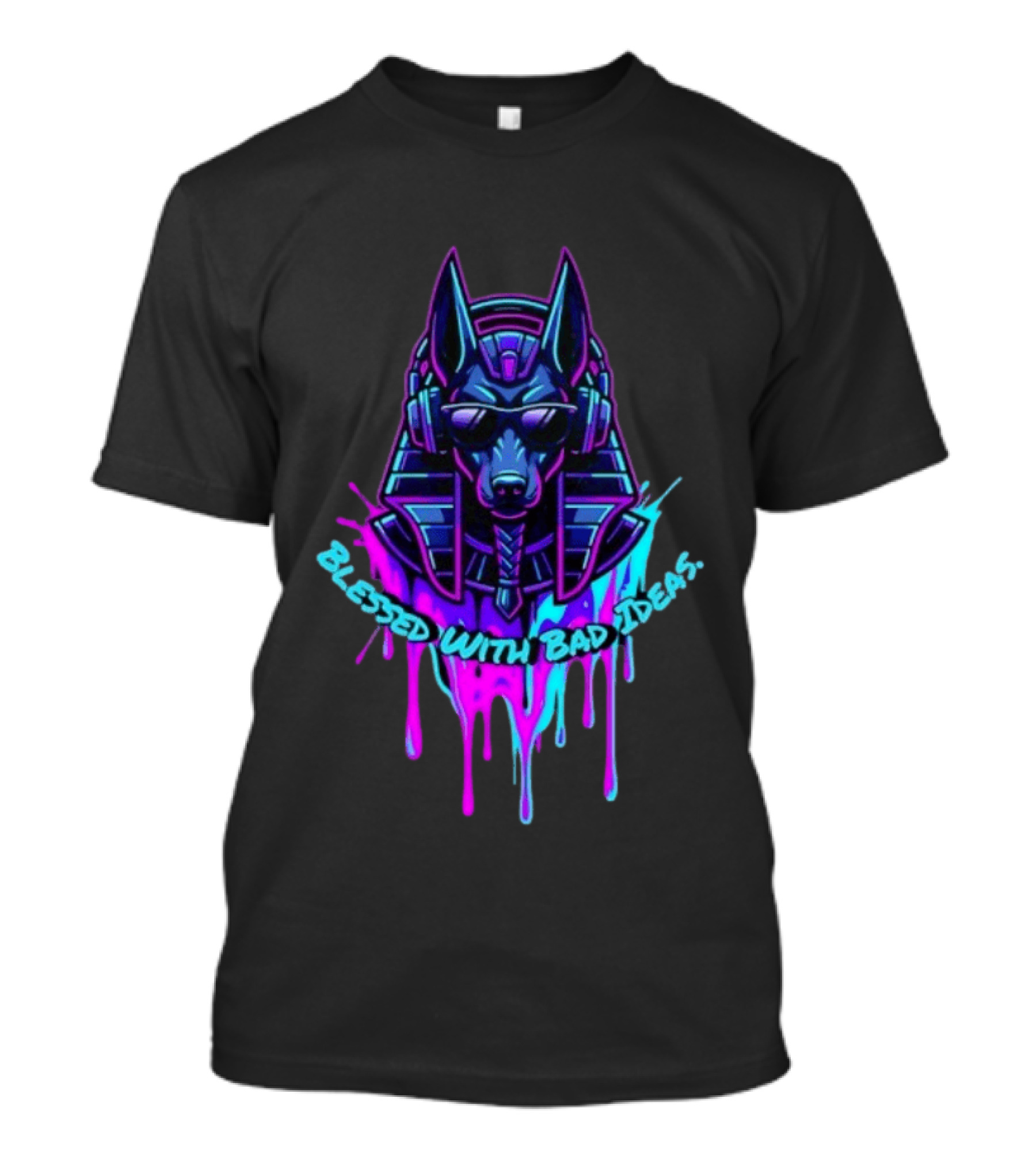 Blessed With Bad Ideas Anubis Headphones Neon Egyptian Mythology T-Shirt