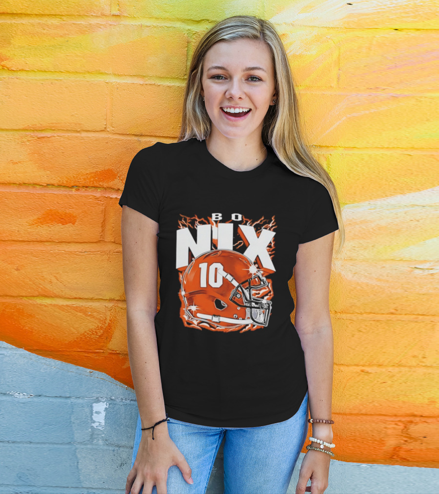Bo Nix 10 Orange Football Helmet Flames T-Shirt