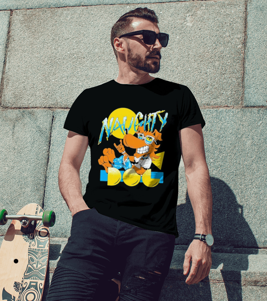 Naughty Dog Retro Cartoon Character With Sunglasses And Sunburst T-Shirt