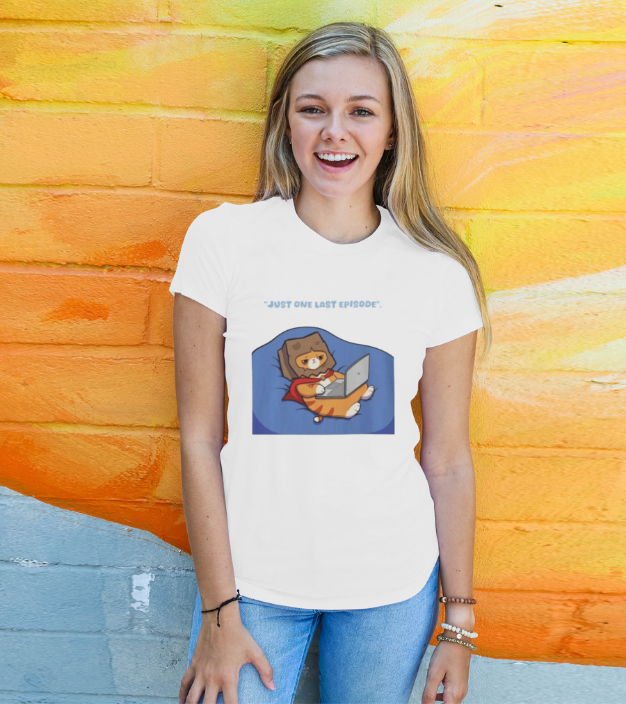 Cat Relaxing With Laptop Wearing Paper Bag Just One Last Episode T-Shirt