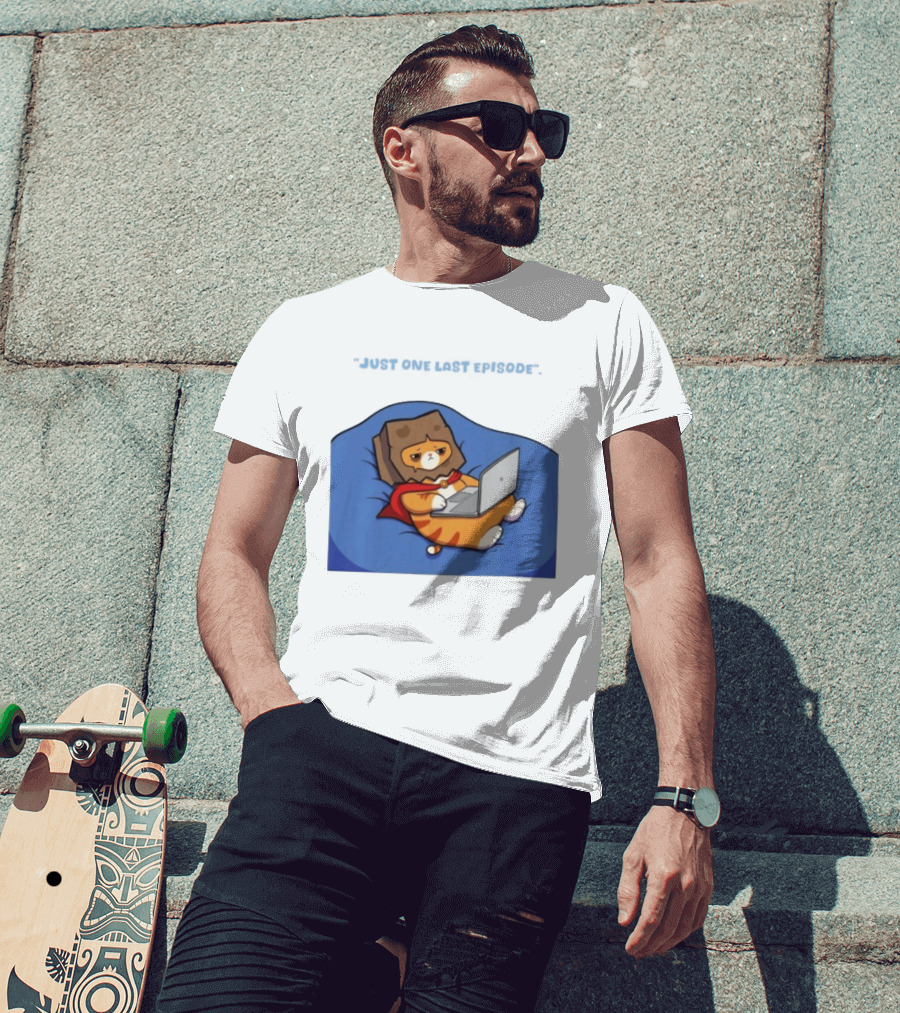 Cat Relaxing With Laptop Wearing Paper Bag Just One Last Episode T-Shirt
