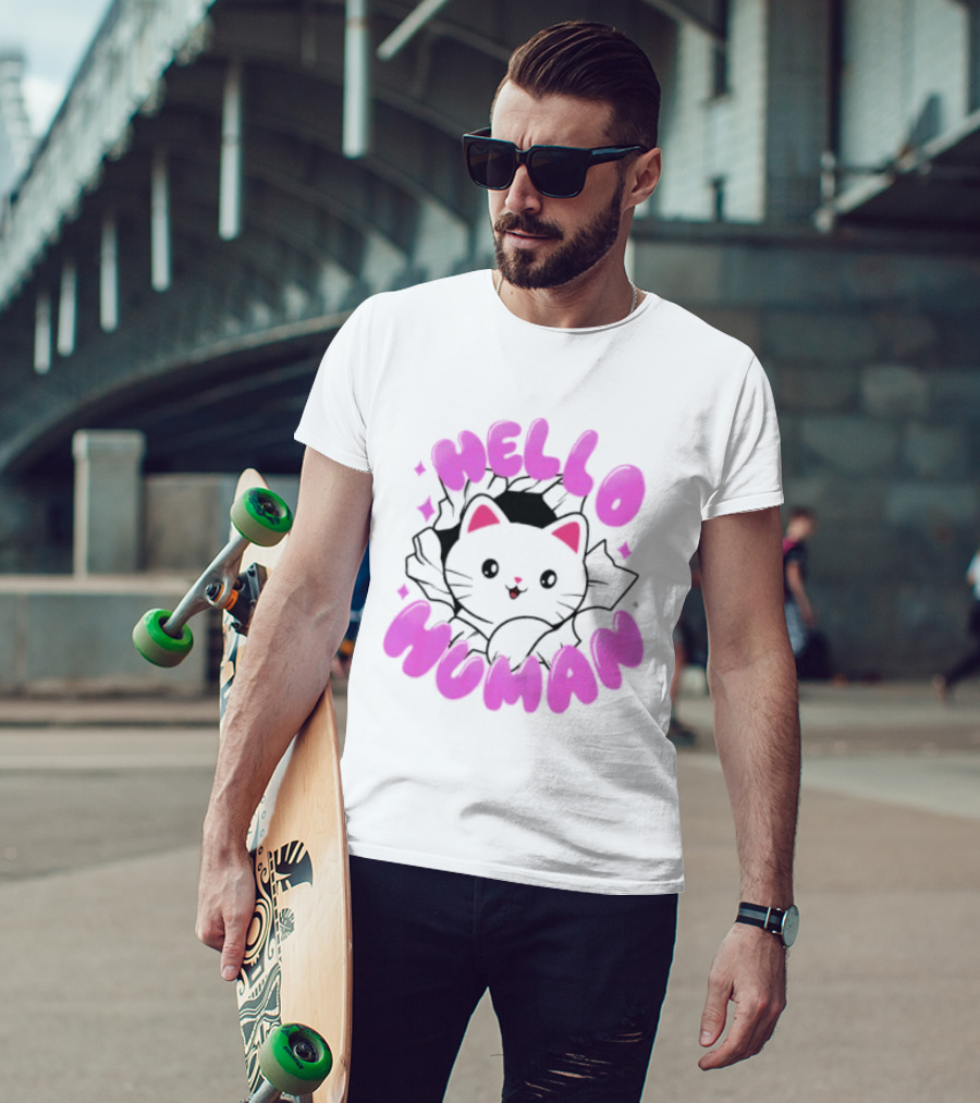 Hello Human Kawaii Cat Kitten Cute Pink T-Shirt