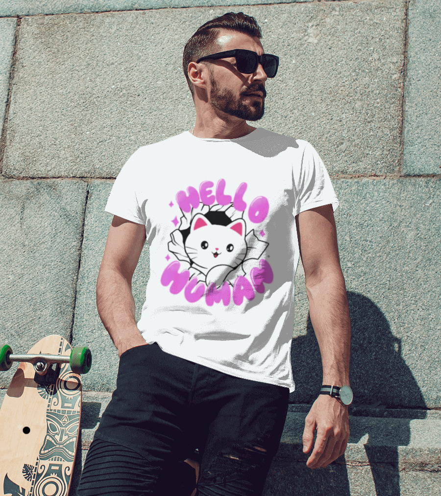 Hello Human Kawaii Cat Kitten Cute Pink T-Shirt