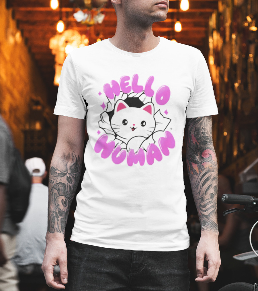 Hello Human Kawaii Cat Kitten Cute Pink T-Shirt