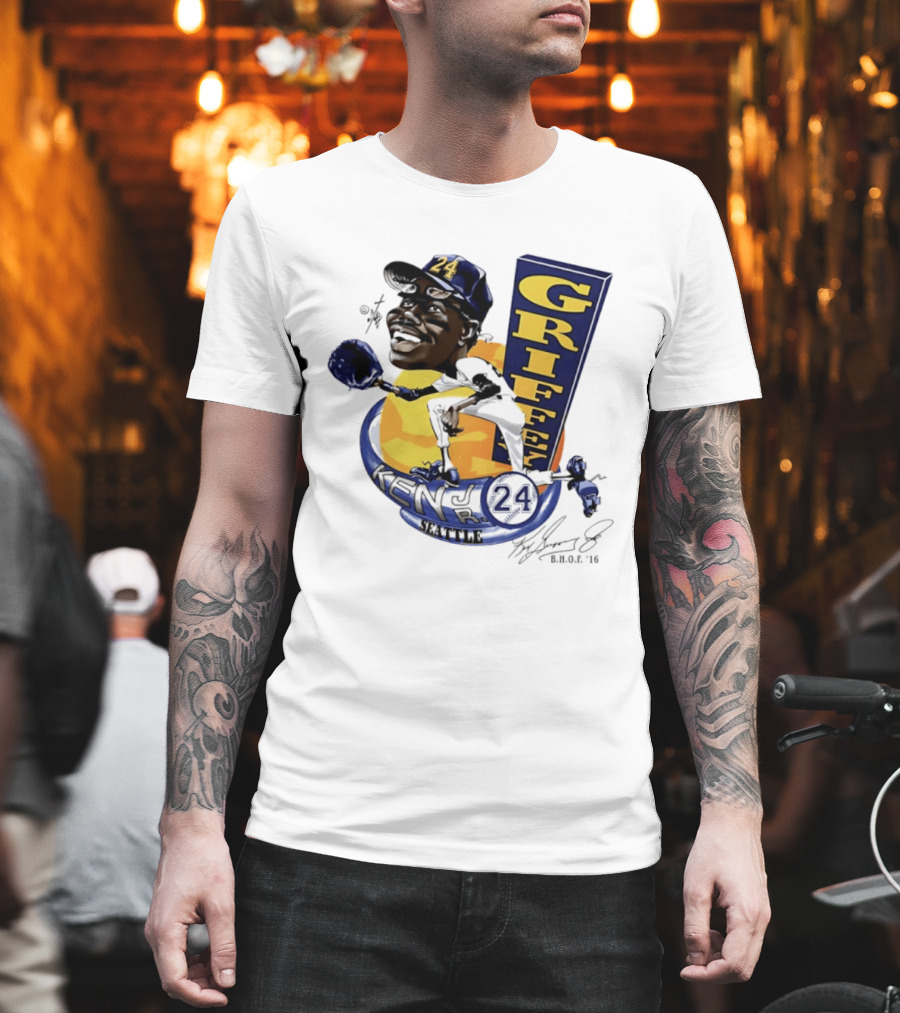 Ken Griffey Jr 24 Seattle Baseball Caricature Bruce Stark Signature T-Shirt