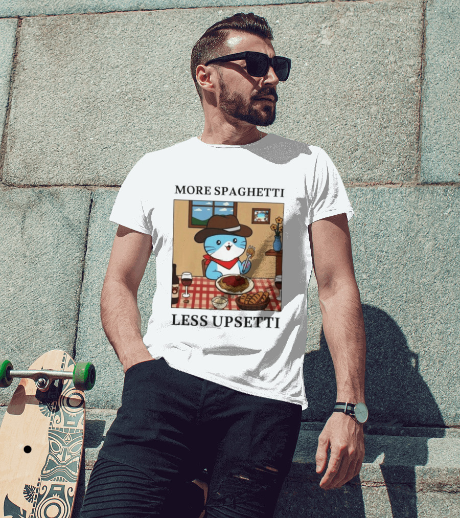 More Spaghetti Less Upsetti Cowboy Cat Eating Pasta With Wine And Bread T-Shirt