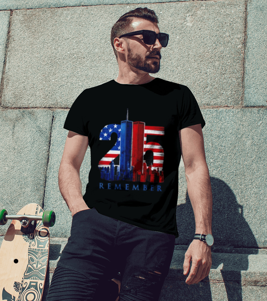 25th Anniversary Remember Twin Towers American Flag T-Shirt