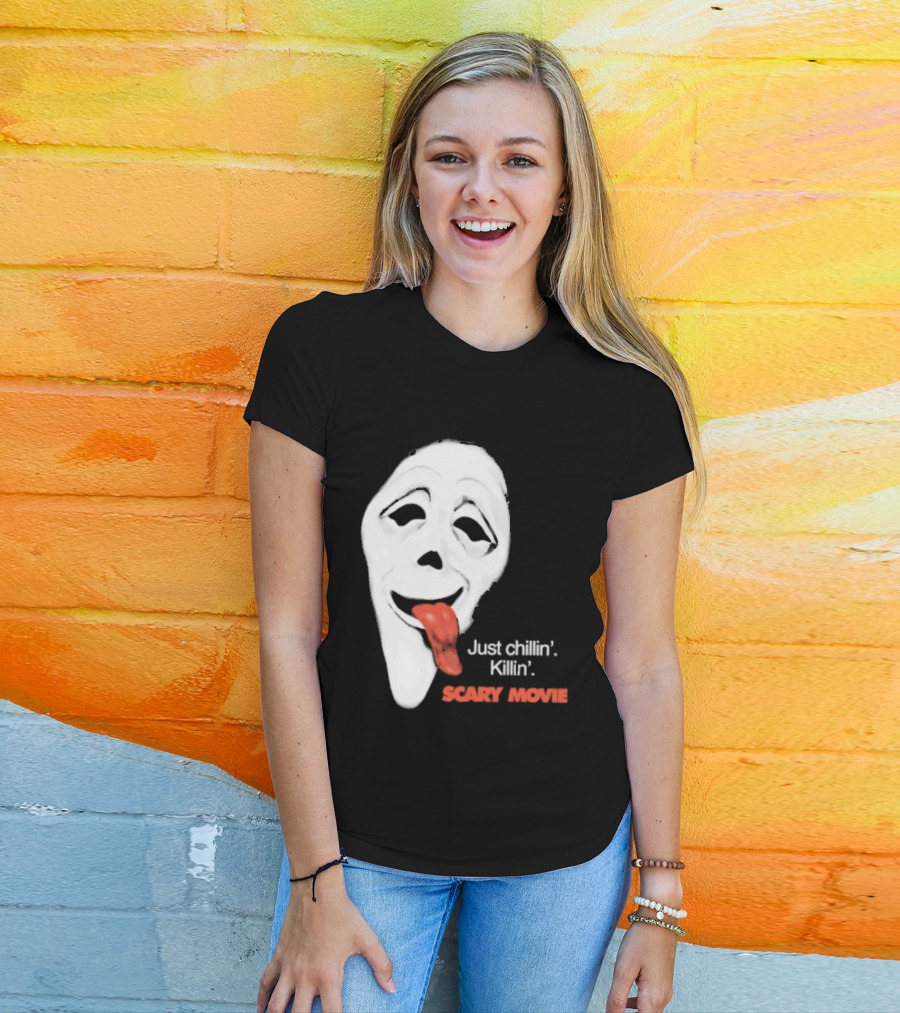 Just Chillin' Killin' Scary Movie Ghostface Mask With Red Tongue T-Shirt