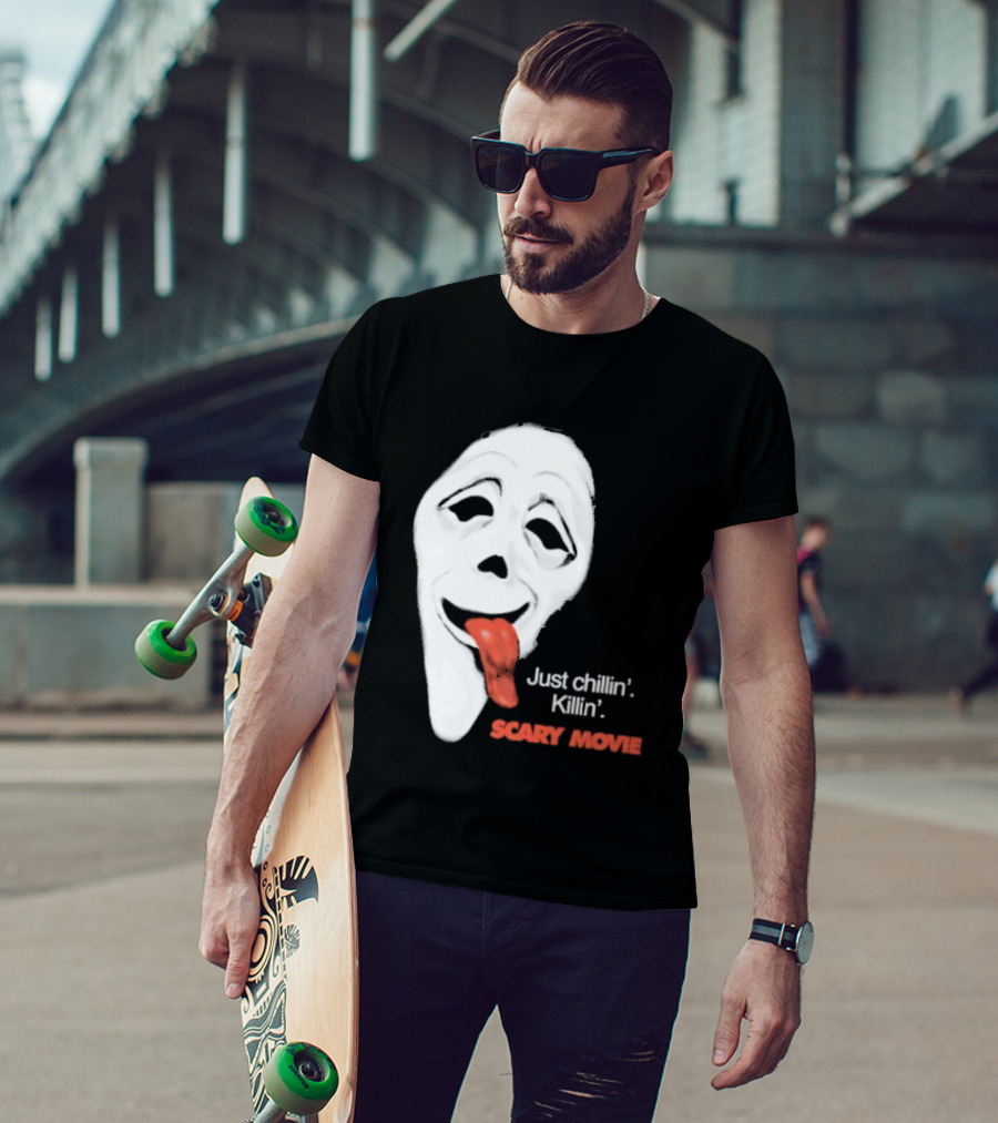 Just Chillin' Killin' Scary Movie Ghostface Mask With Red Tongue T-Shirt