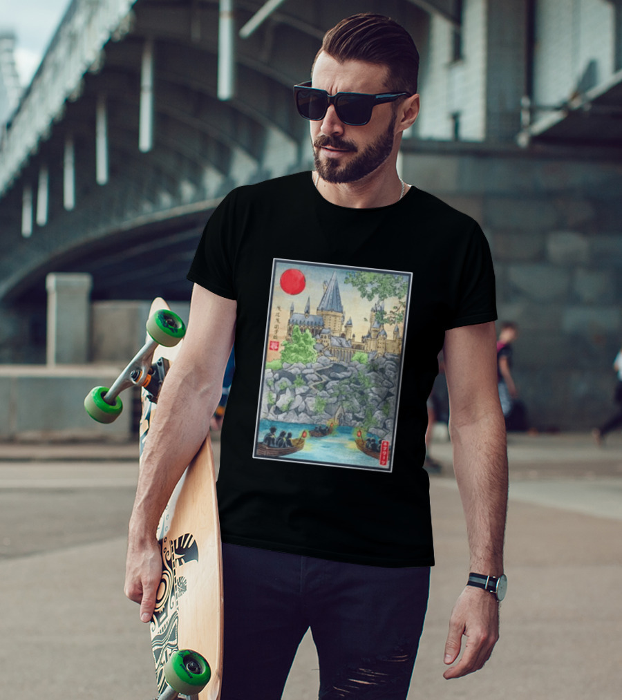 Hogwarts School Of Witchcraft And Wizardry Japanese Ukiyo E Style Castle With Boats And Red Sun T-Shirt