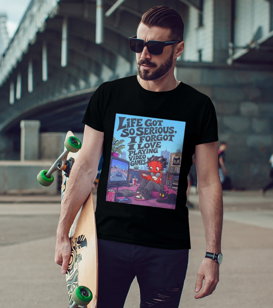 Life Got So Serious I Forgot I Love Playing Video Games City Room Scene Retro Character And Cat T-Shirt
