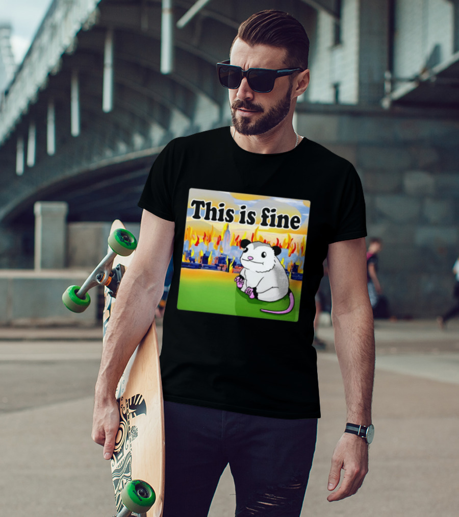 This Is Fine Opossum New York City NYC Urban Skyline Flames T-Shirt