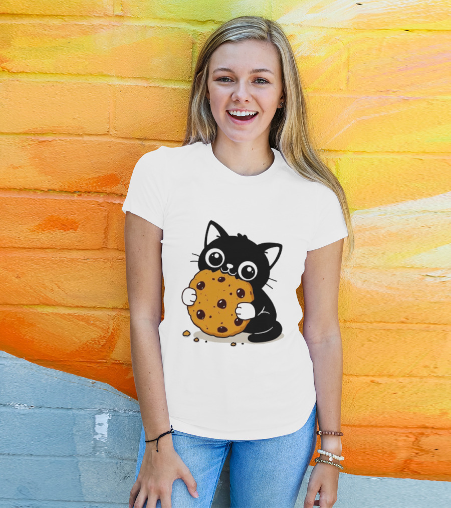 Black Cat Holding Chocolate Chip Cookie T-Shirt
