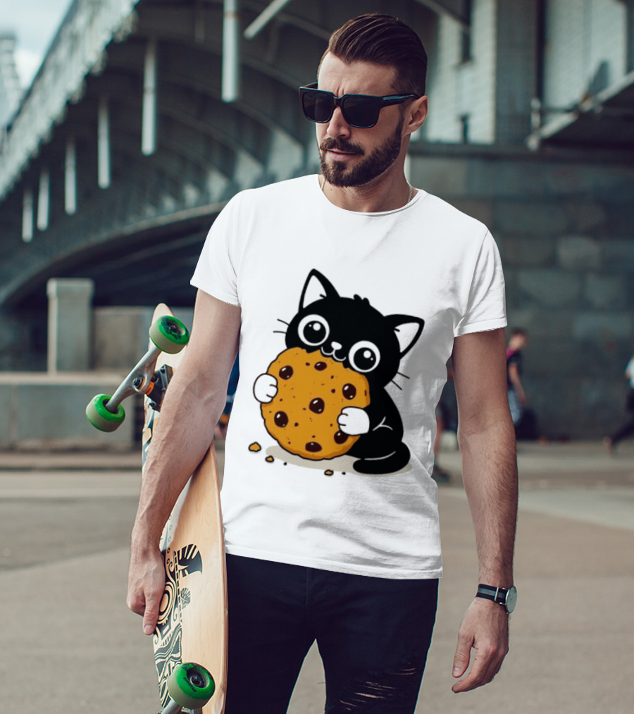 Black Cat Holding Chocolate Chip Cookie T-Shirt