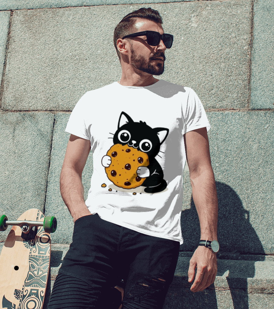 Black Cat Holding Chocolate Chip Cookie T-Shirt
