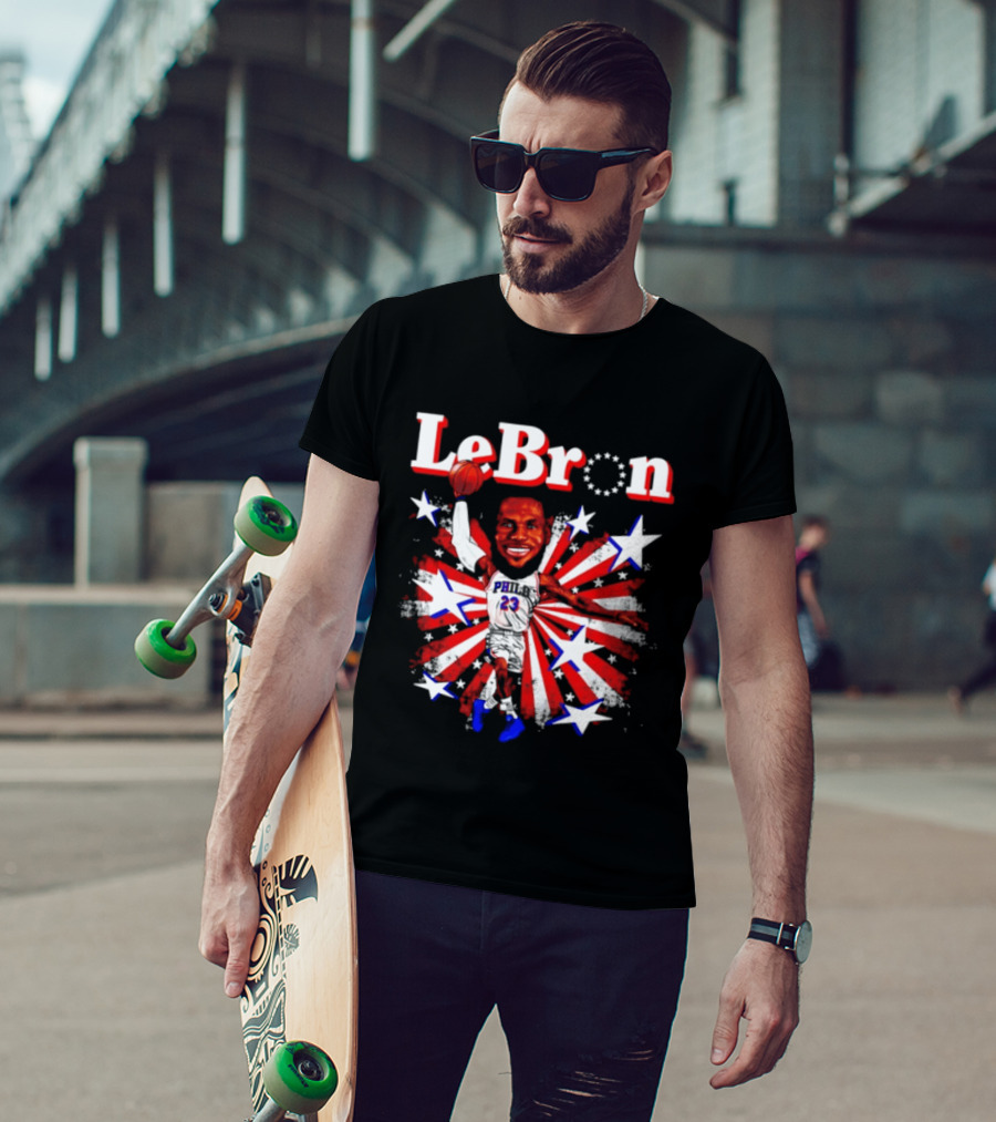 LeBron Stars PH 23 Basketball Caricature 76ers Red White Blue T-Shirt