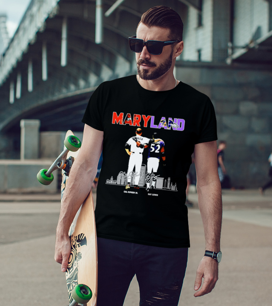 Maryland Cal Ripken Jr 8 Baltimore Orioles Ray Lewis 52 Baltimore Ravens Skyline T-Shirt