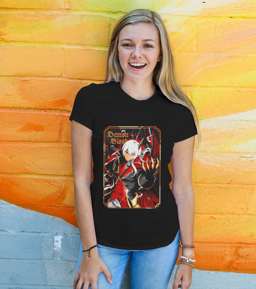 Demon Blood Anime Fantasy Dark Character Design With White Hair And Red Accents T-Shirt