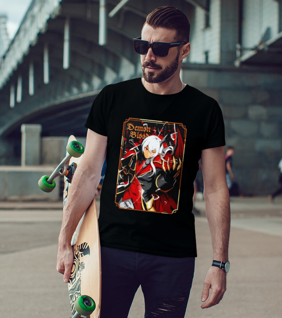 Demon Blood Anime Fantasy Dark Character Design With White Hair And Red Accents T-Shirt