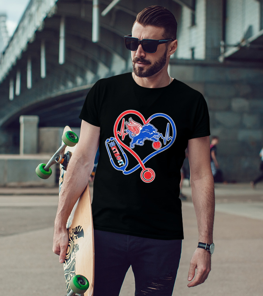 Detroit Heartbeat Stethoscope Lion Playing Basketball T-Shirt