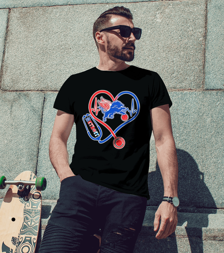 Detroit Heartbeat Stethoscope Lion Playing Basketball T-Shirt