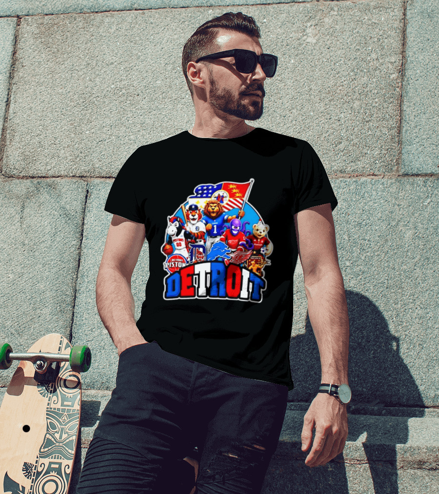 Detroit Lions Tigers Pistons Red Wings Mascots With Flag T-Shirt