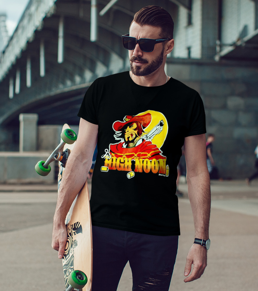 It's High Noon Cowboy With Red Cape And Pistol In Front Of Yellow Sun T-Shirt