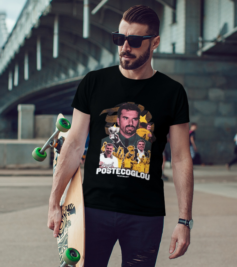 Ange Postecoglou Celebratory Moments With Trophy And Team T-Shirt