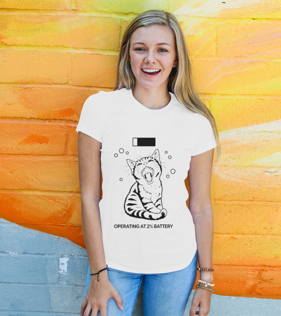 Tired Kitten Yawning Operating At 2% Battery T-Shirt