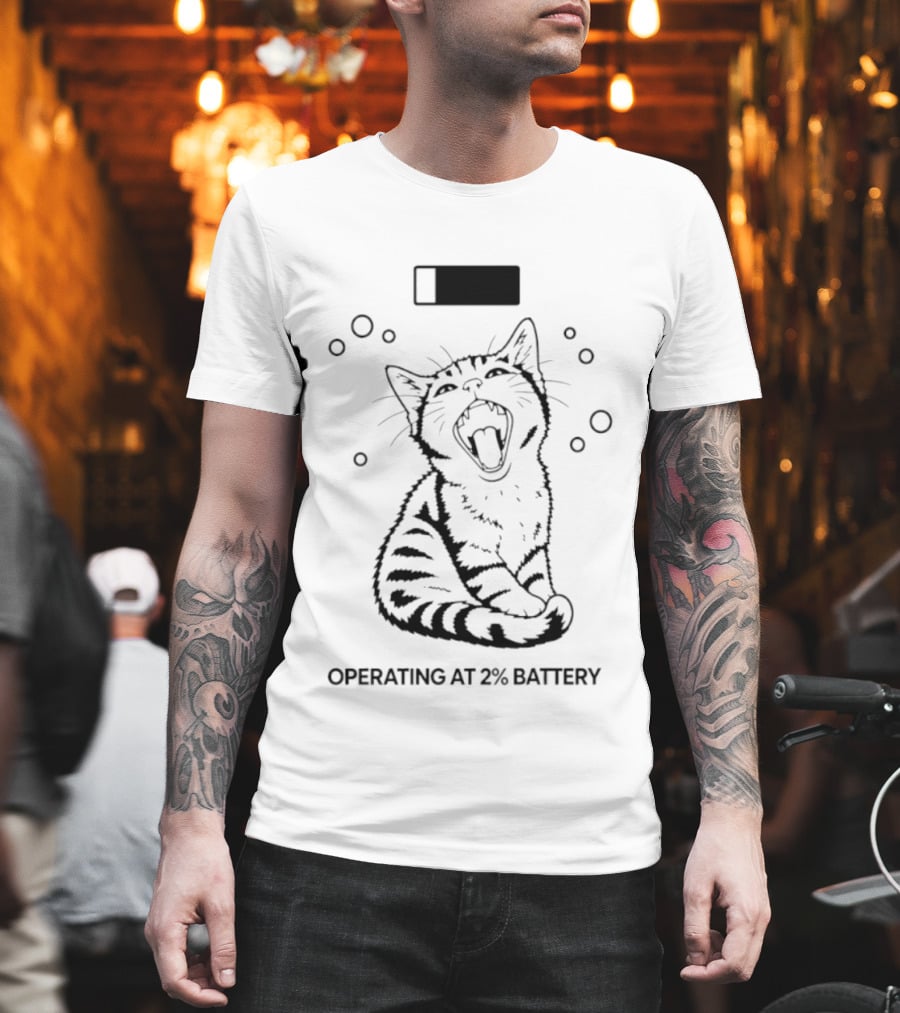 Tired Kitten Yawning Operating At 2% Battery T-Shirt
