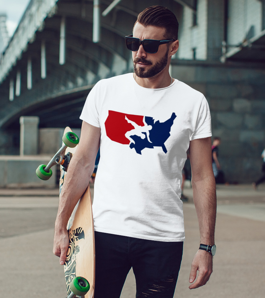 USA Wrestling Map Silhouette Red Blue T-Shirt